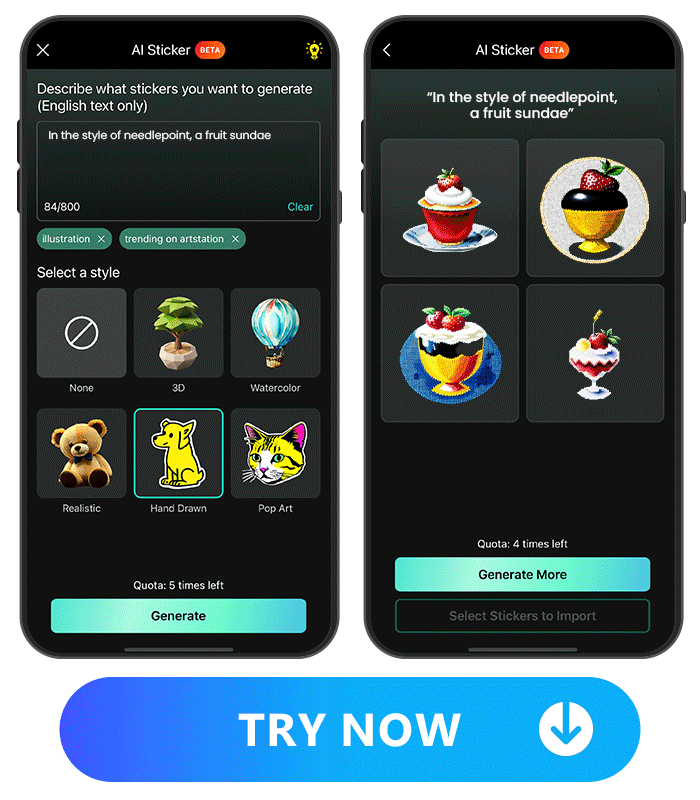 AI sticker UI of PhotoDirector at left and preview logos at right